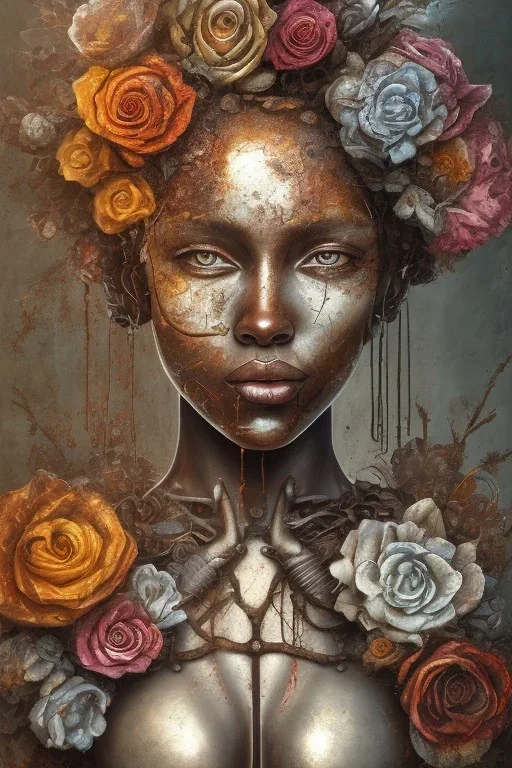 an abstract painting of rusted metal and flowers, heart filled with love African slave lady working, rust, scaffolding, iron cladding, decay, mixed media, textured, anatomically correct, beautiful perfect face, sharp focus, highly detailed