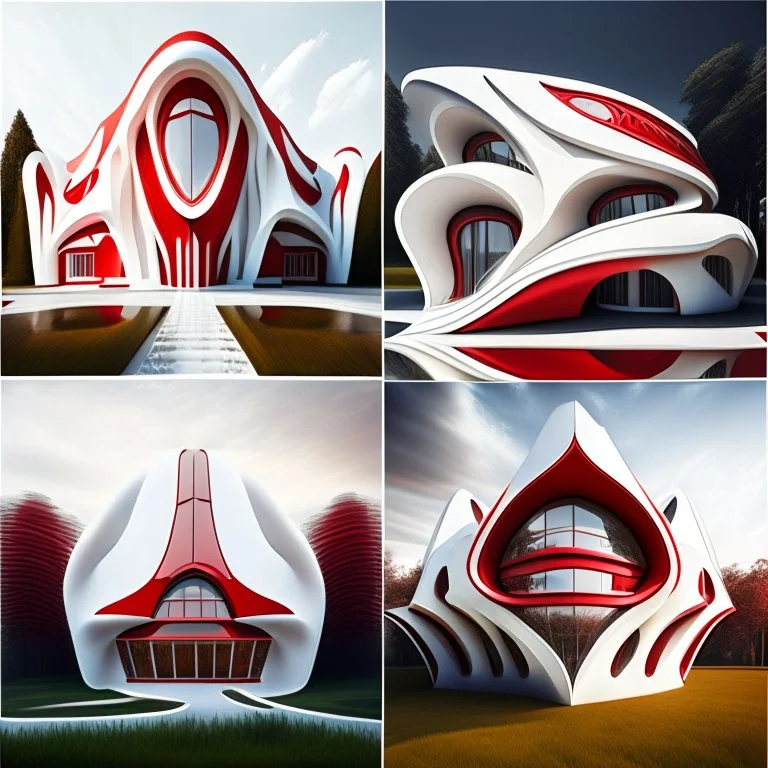 Cuatro casas campestres estilo Zaha Hadid obra de arte detallada color blanco crema y rojo imperial arte digital impactante hiperrealista 8k