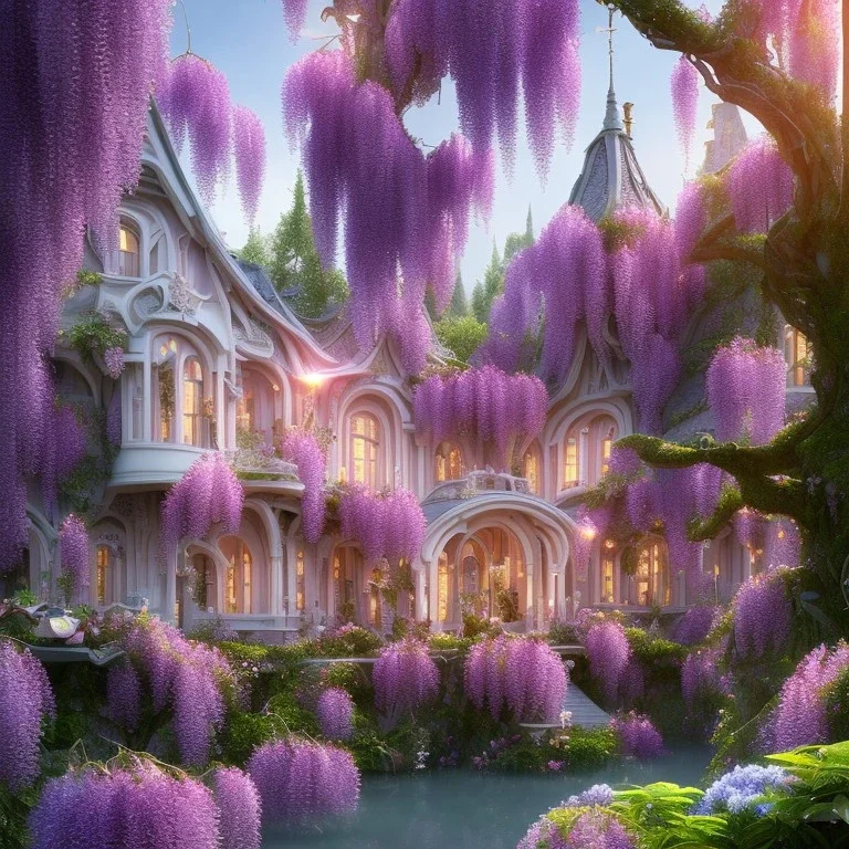 a magical flower bougainvillier fuksia wisteria house in the woods, pink vertical, blue lake,sharp, vines, candlelit, endor, ornate, elegant, highly detailed, artstation, concept art, smooth, sharp focus, illustration, 8k, splash art, wallpaper, key visual