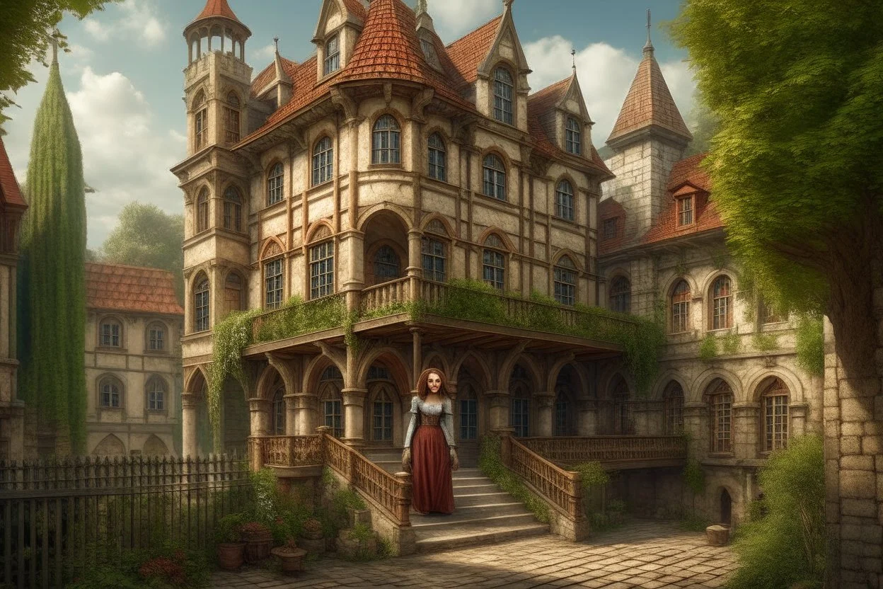 tall, slim, woman, with wings, and scales, large medieval gothic inn, with a balcony, next to a sloping, cobbled road, surrounded by trees with dense foliage, photo-realistic