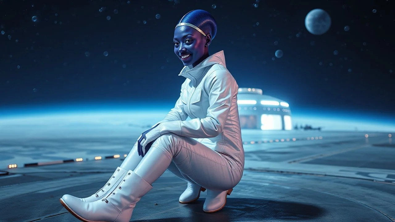 "Artistic photography (((FULL BODY from HEAD to FEET +profile))), enormous almond shape lighted crystal clear eyes, she is dressed in a white shiny jumpsuit she is a gorgeous smiling extra terrestrial woman with indigo purple blue skin with a high elongated skull like Nefertiti, 40 y/o asian, she wears white snow boots, and she is outside on the flying saucers large landing deck of the space station in cosmos.
