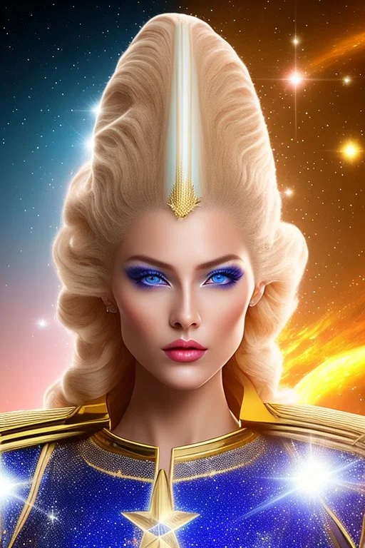 Beautiful tall woman Pleiadian galactic commander, ship, perfect detailed face, detailed golden galactic suit, high rank, long blond hair, hand with five perfect detailed fingers, amazing big blue eyes, smiling mouth, high definition lips, cosmic happiness, bright colours, blue, pink, gold, jewels, realistic, real photo, bright and sunny background, very detailed, high contrast, high definition 8k, pixel 512X512, unreal engine 5, extremely sharp details, light effect, br