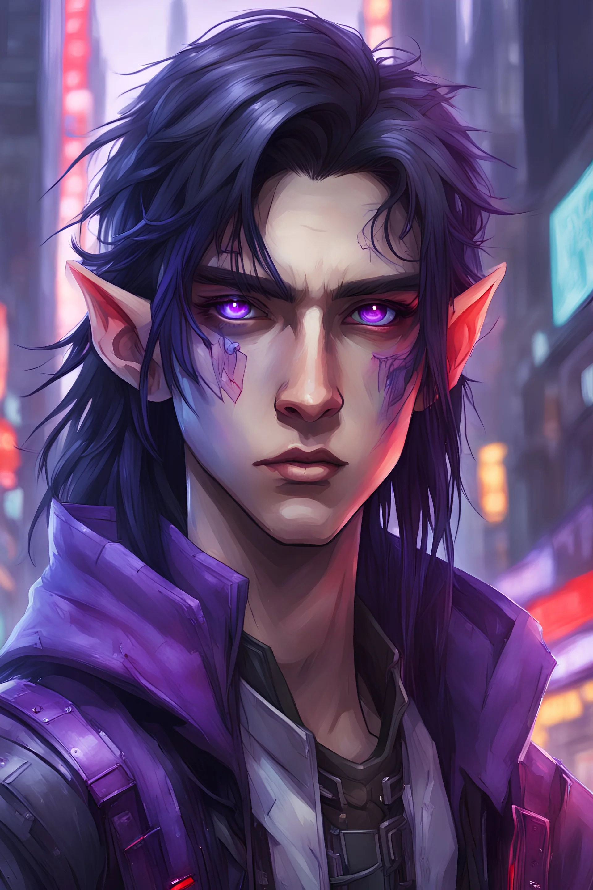 Dessine un jeune garçon elfe androgyne avec de longs cheveux noirs et des mèches violettes, un oeil droit rouge et un oeil gauche violet, le tout dans un décor de ville cyberpunk