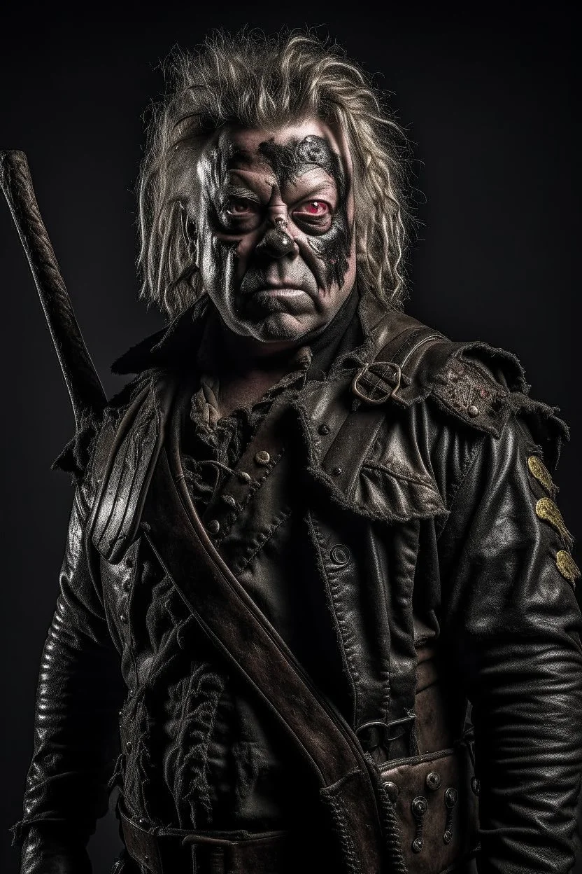 Mad-eye Moody with a chainsaw for a right arm wearing leather armor, looking gaunt and angry