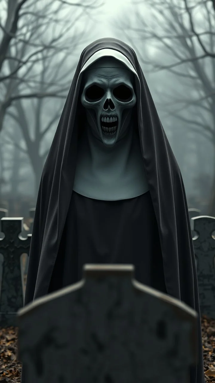 a front view of the Nun scary face from the horror movie, standing in the grave yard in a 3d rendering full-height image of a grim and dark scene. Ensure the final images exhibit the utmost quality, encompassing 4K, 8K, and 64K resolutions, with 3D rendering that manifests in photorealistic, hyperrealistic, and highly detailed representations. Employ techniques such as HDR, UHD,