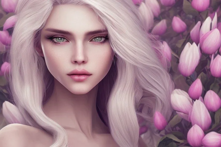 femme long cheveux blond blancs grands yeux bleus , 8k resolution, flower magnolia lotus rose, beautiful portrait, 8k resolution, flower head and body, beautiful star souriante+++