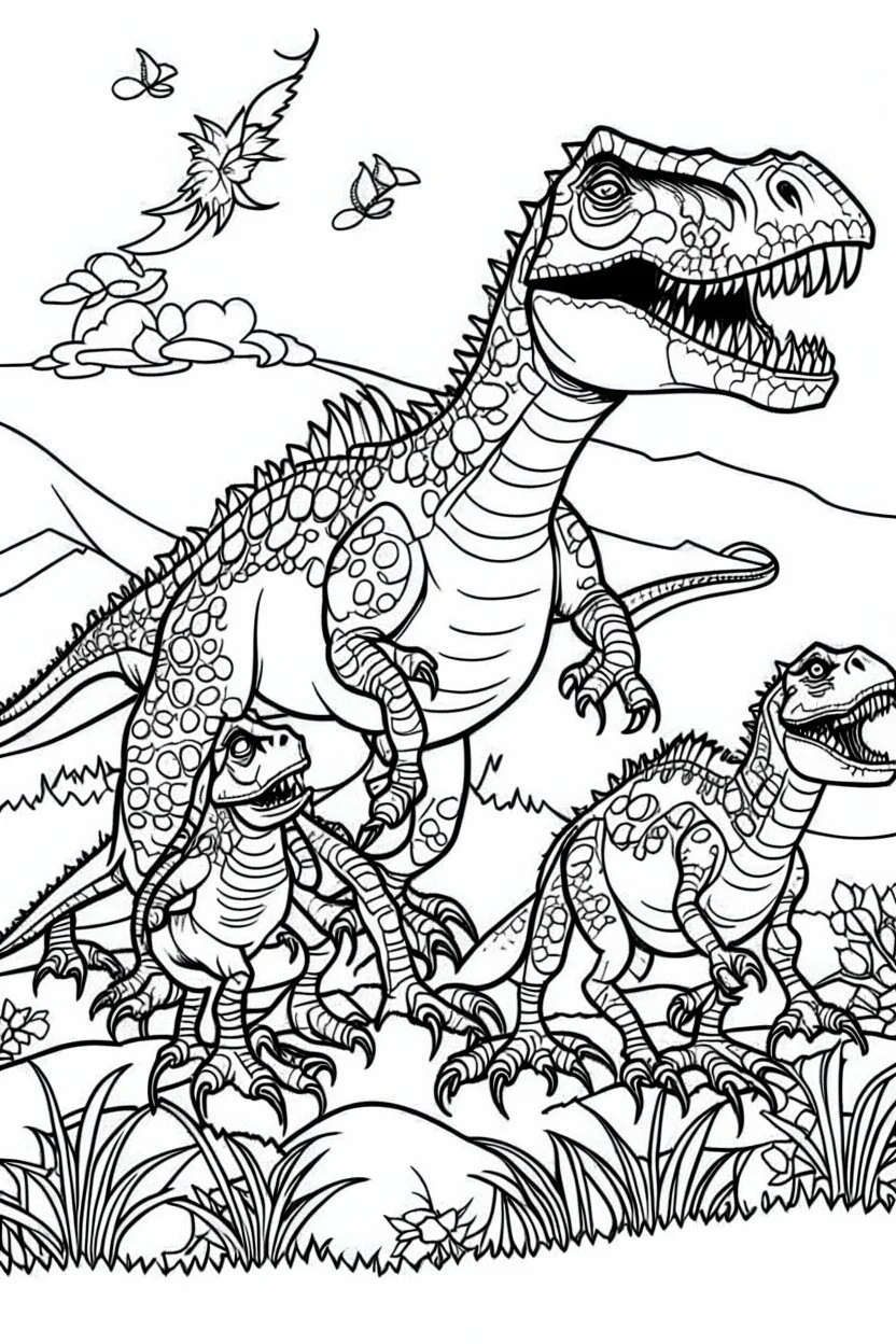 A coloring page, white backgroundDepict a family of T-Rexes, including both parents and their offspring, roaming together through their prehistoric landscape, perhaps with some playful interactions between the young ones. ink drawing clipart, simple line illustrations, colored