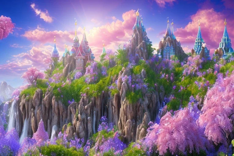 mountain, old and pink crystal russian PALACE on the mountain,san, swanns,waterfall, BLUE LAKE, SWANNs,fuksia bugainvillier flowers, jacaranda violet trees, sky pink blue, full of details, smooth, bright sunshine，soft light atmosphere, light effect，vaporwave colorful, concept art, smooth, extremely sharp detail, finely tuned detail, ultra high definition, 8 k, unreal engine 5, ultra sharp focus