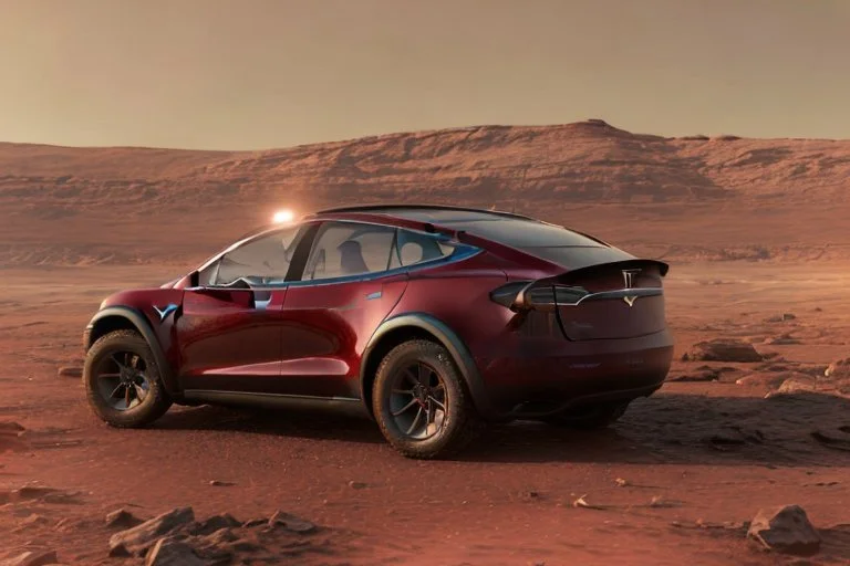 A Tesla 'Model Y' is parked, at the Cydonia region on Mars. (CINEMATIC, WIDE ANGLE LENS, PHOTO REAL)