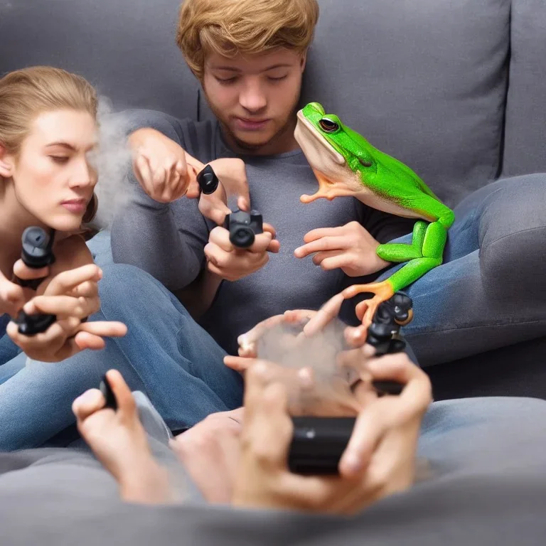 Two frogs sitting on the sofa playing playstation and smoking in the living room, ps4 controllers in their hands, full and clear body parts, live, real, 4K, 8K, 16K