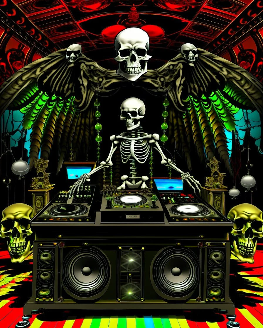 DJ of the damnded, insanely detailed DJ booth in hell, MID set, speakers and equipment made of bone, anatomically correct,