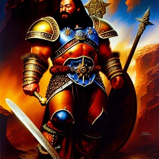 portrait oil on canvas,Dwarf Warrior with Armor, mystical colors,insanely detailed,realistic,intrincate detail, 16k resolution, masterpiece, Frank Frazetta, Alex Horley, Simon Bisley,Greg Danton,Justin Sweet,saint-max.