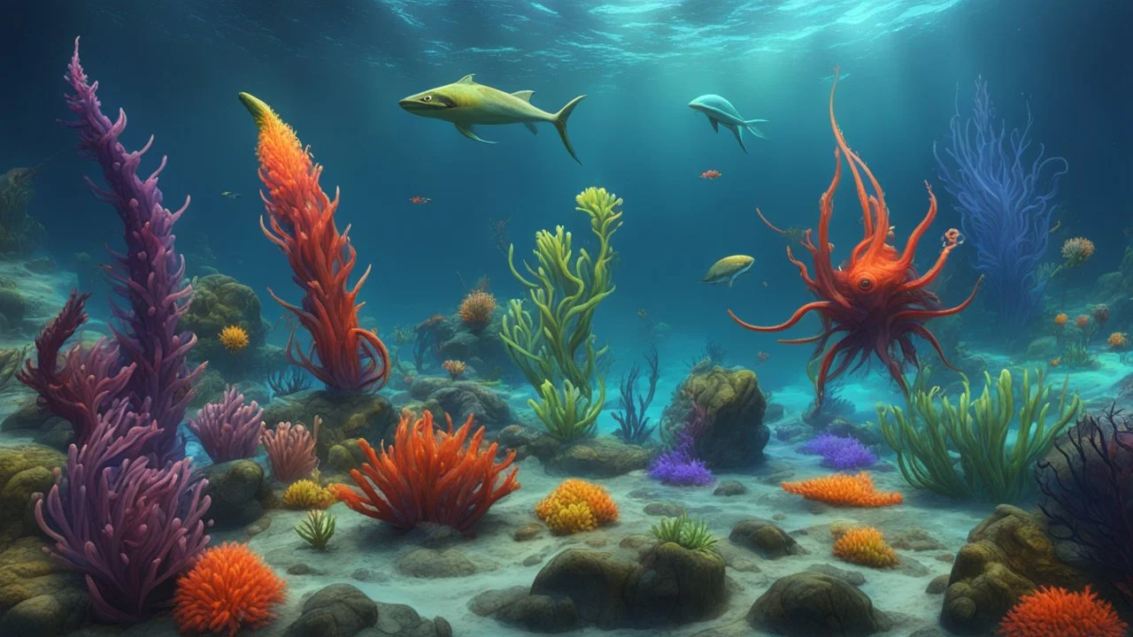 creatures, plants from subanautica from deep sea, leviathan's a lot of sea plants very deep, beautiful, river of magma, green and blue and more colours, sea animals from subnautica