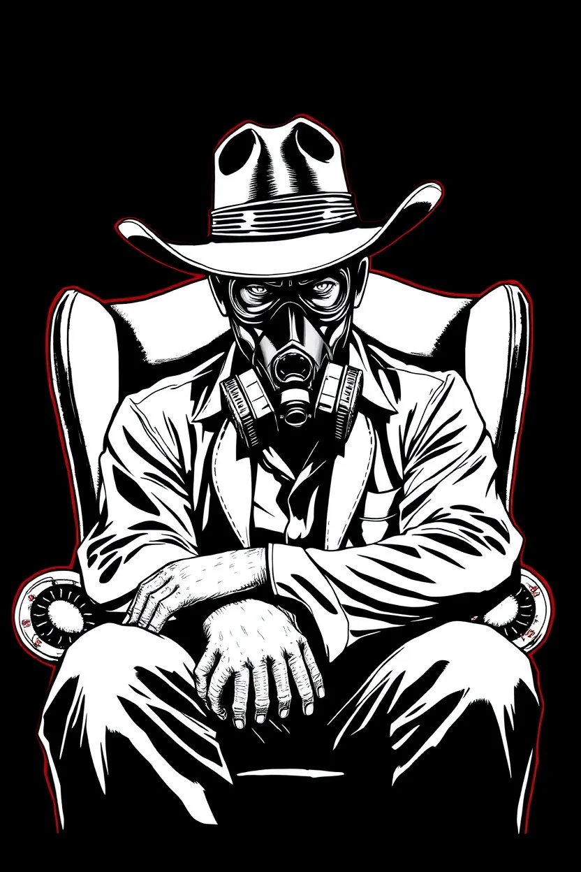intimidating western styled man with hat (wide flat brim flat top) shading face, wearing a gas-mask, sitting forward on a wingback chair, vignette, black and white graphic novel style with a red outline on black background, gothic horror