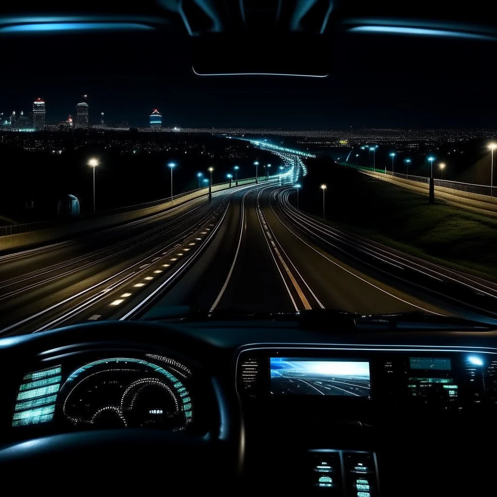 night time, a car dashboard lighting up, a dark road in the windscreen, with a beautiful city in the distance, photo quality