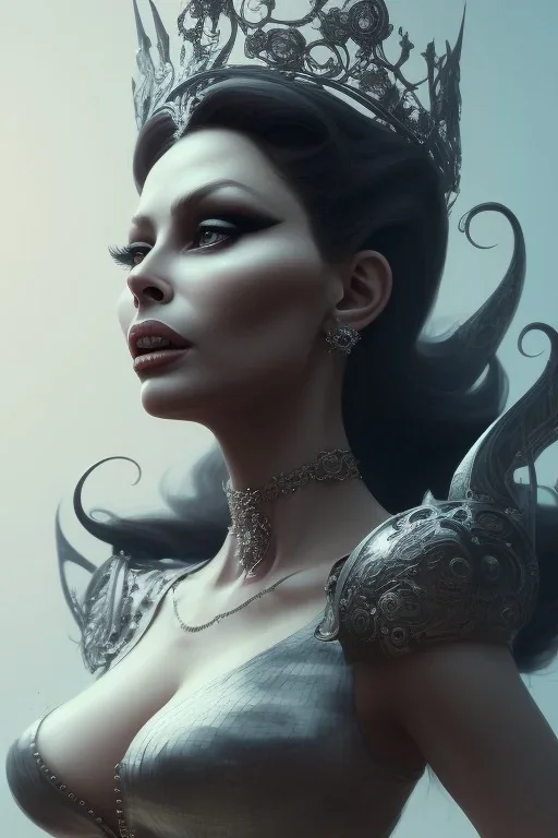 Sophia Loren as evil queen in black leather, cleavage, dominatrix, angry, stern look. character design by cory loftis, fenghua zhong, ryohei hase, ismail inceoglu and ruan jia. unreal engine 5, artistic lighting, highly detailed, photorealistic, fantasy