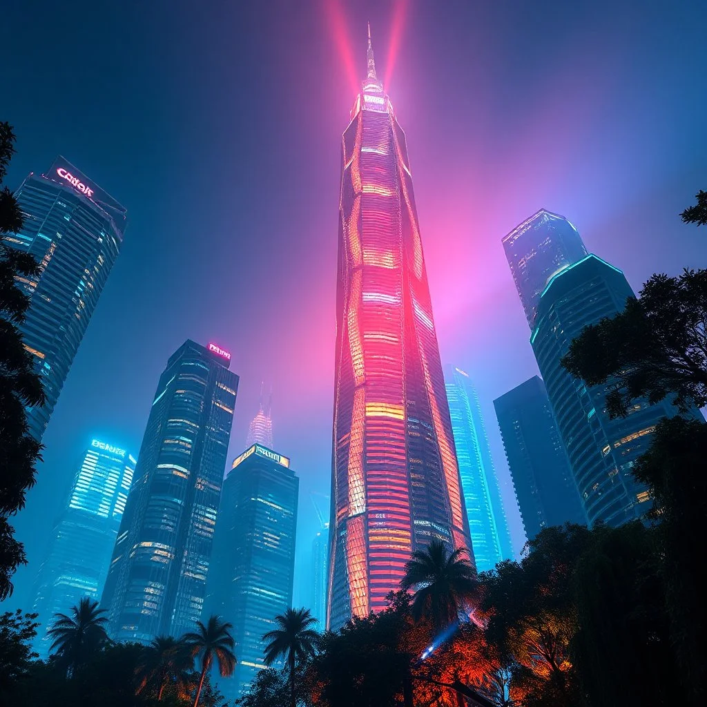 A big city high towers buildings , ultra HD, in 8K, no one sees what you see in the buildings , Tiene rare colors that mix fluorescence and bioluminescence, in all the paleta of colors, its extra colors, its tall filaments of pilosos that parecen cobrar vida. The tree creates an alien forest, illuminated by a warm ray of light. Destaca the extraterrestrial environment and the hojas de la hierba.Style: Hi