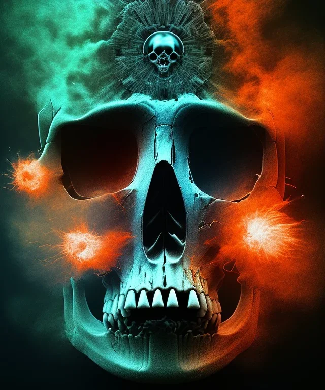 broken skull. black background. smoke and explode. particles in air. teal and orange. abstract. beksinski.