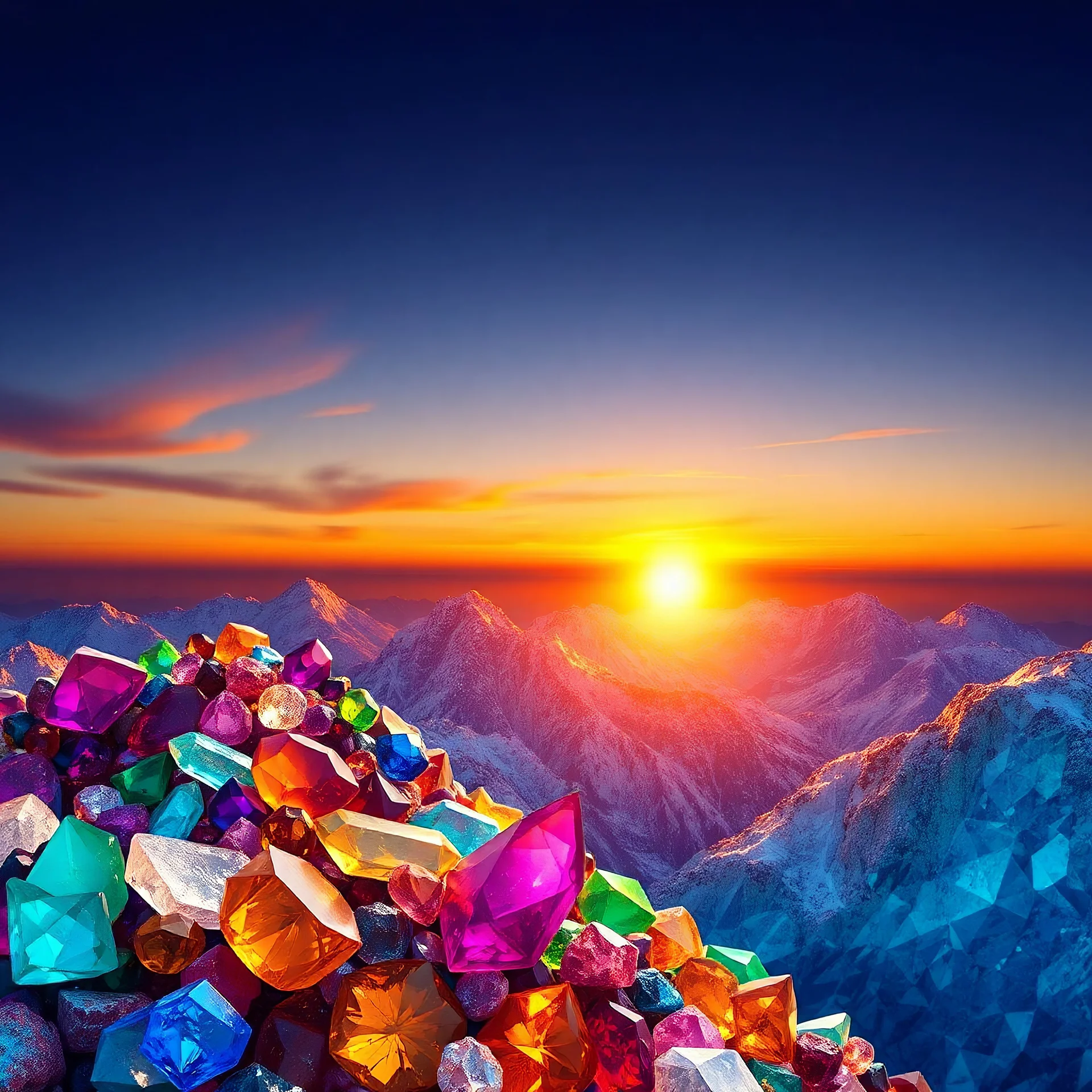 photoreal, 2d art, colorful gemstones arraigned to make a colorful representation of a sunrise coming over a mountain range, gemstone art mosaic, HD, crystal textures