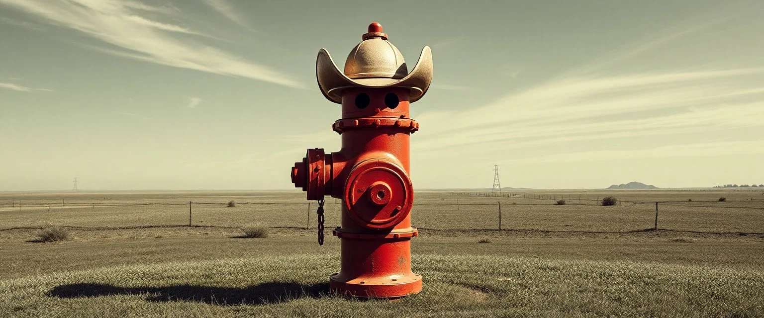 Fire hydrant as a cowboy in the style of Escher and Giger