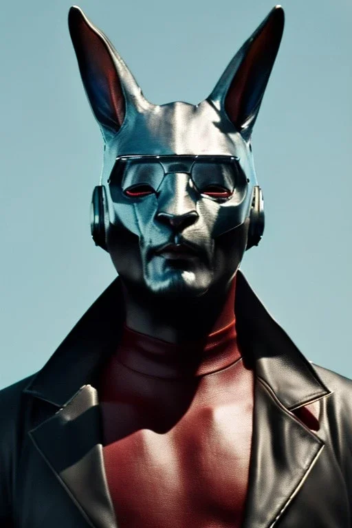 Medium Close Up Portrait, Front image. cyberpunk, rabbit mask, afro man, white hair. leather suit. Silver, blue, red, color. Akira style. Color background, photo studio. Avatar image, highly detailed, concept art, smooth, unreal engine 5, god rays, ray tracing, RTX, lumen lighting, ultra detail, volumetric lighting, 3d, finely drawn, high definition, high resolution.