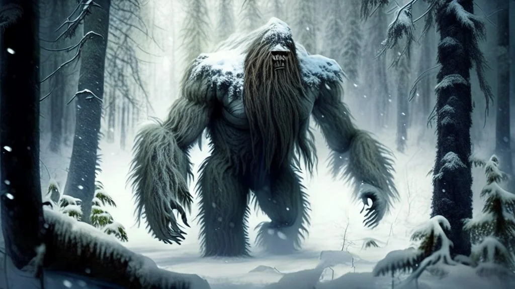 large humanoid hairy monster in the snowy forest