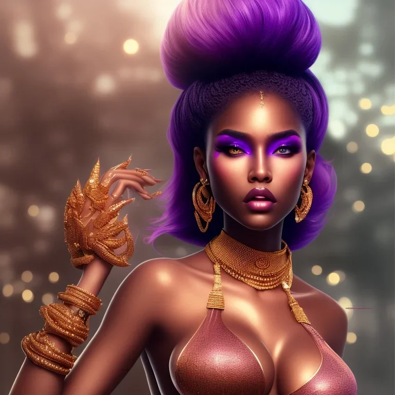 full body shot, masterpiece, best quality, voluptuous, thicc, black-skinned, sparkling eyes, fluorescent skin,purple-dark makeup, gangsta style, highly detailed body, sunlight, 4K, RAW, depth of field, high contrast, realistic details, 24mm