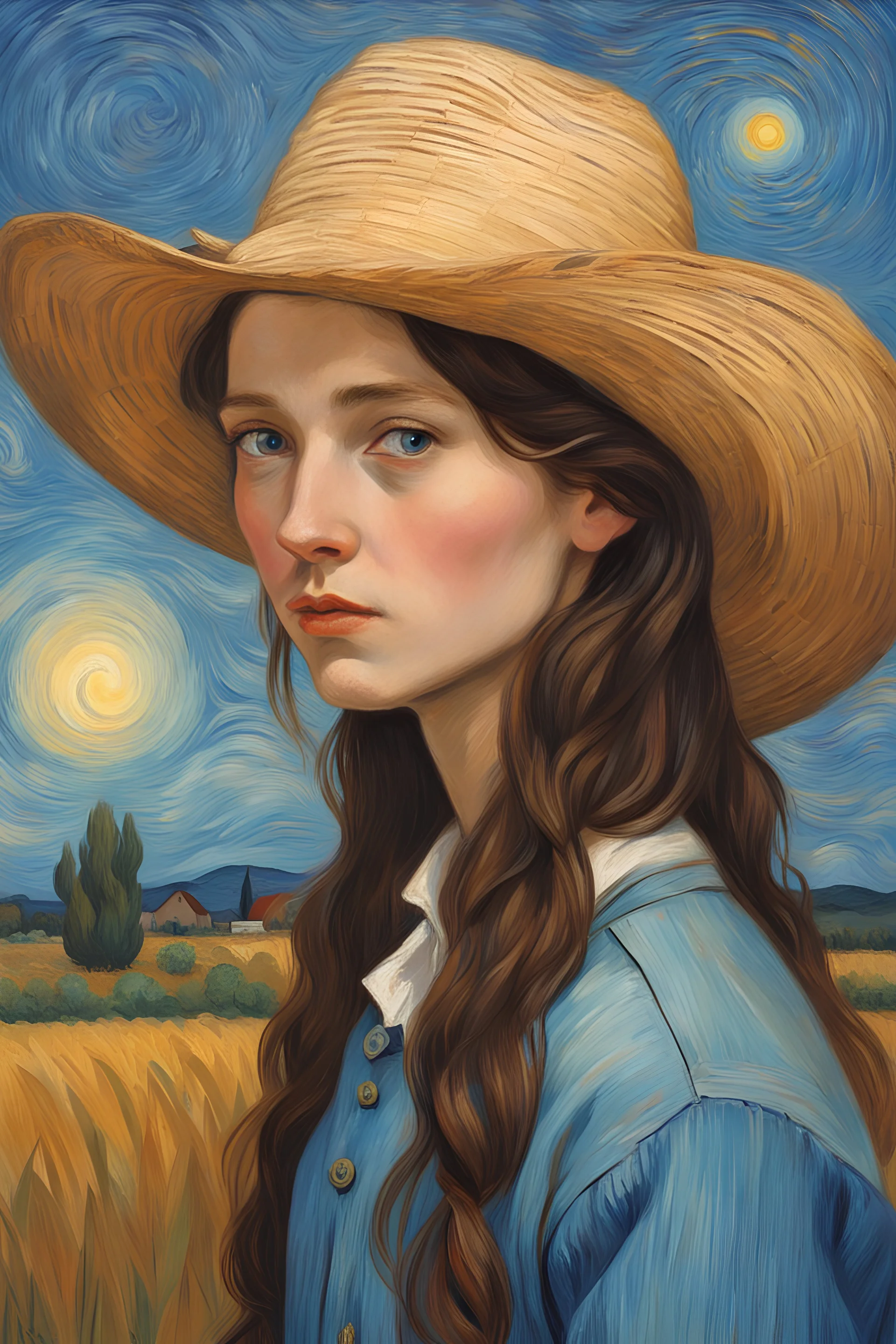 A girl with long dark brown hair, with a straw hat on her head, blue eyes, dressed in farm clothes, Portrait of Van Gogh