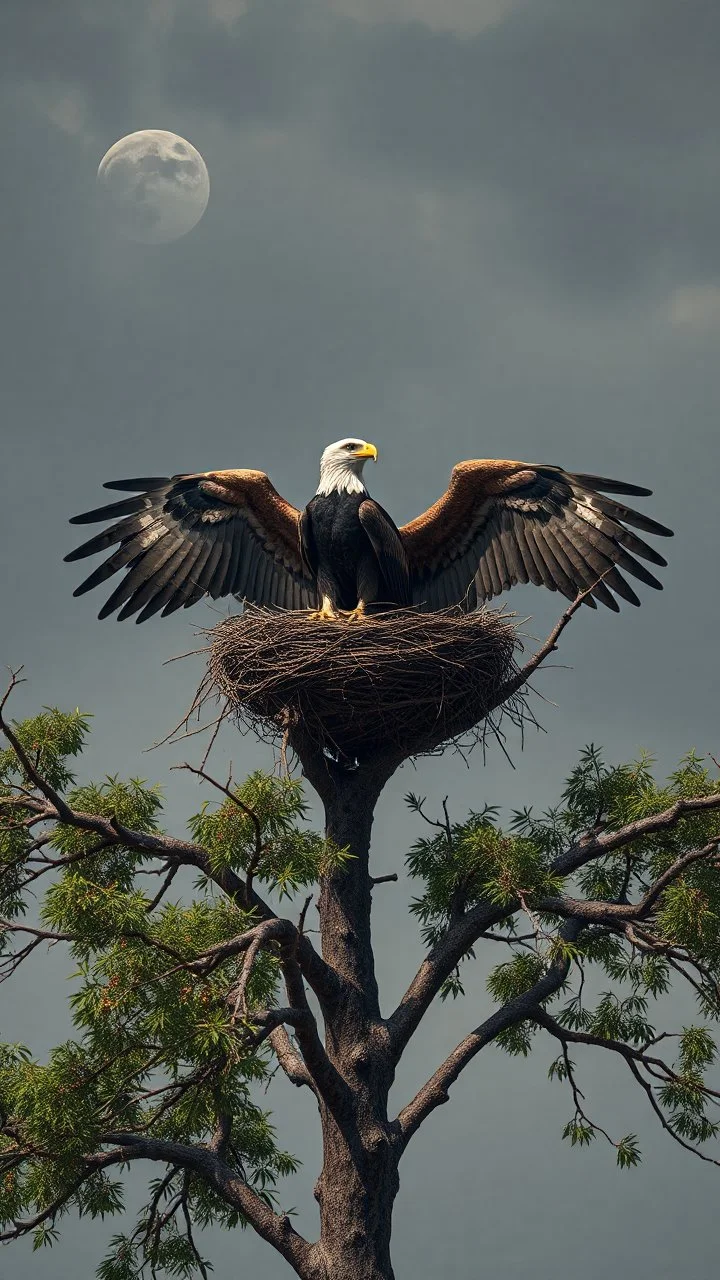 Bosch painting style nightmare in 3D , a nest of an eagle at the top of a tree in Africa , background, high Quality picture , 8k