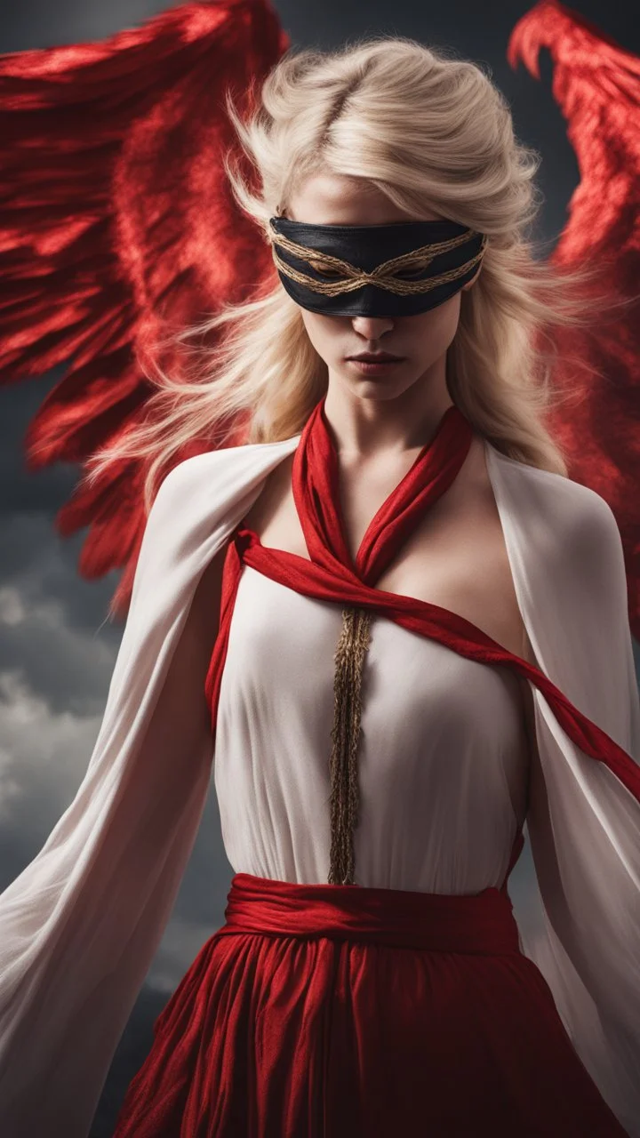 A blonde girl is blindfolded with a red cloth, two white wings behind her. Cinematic image