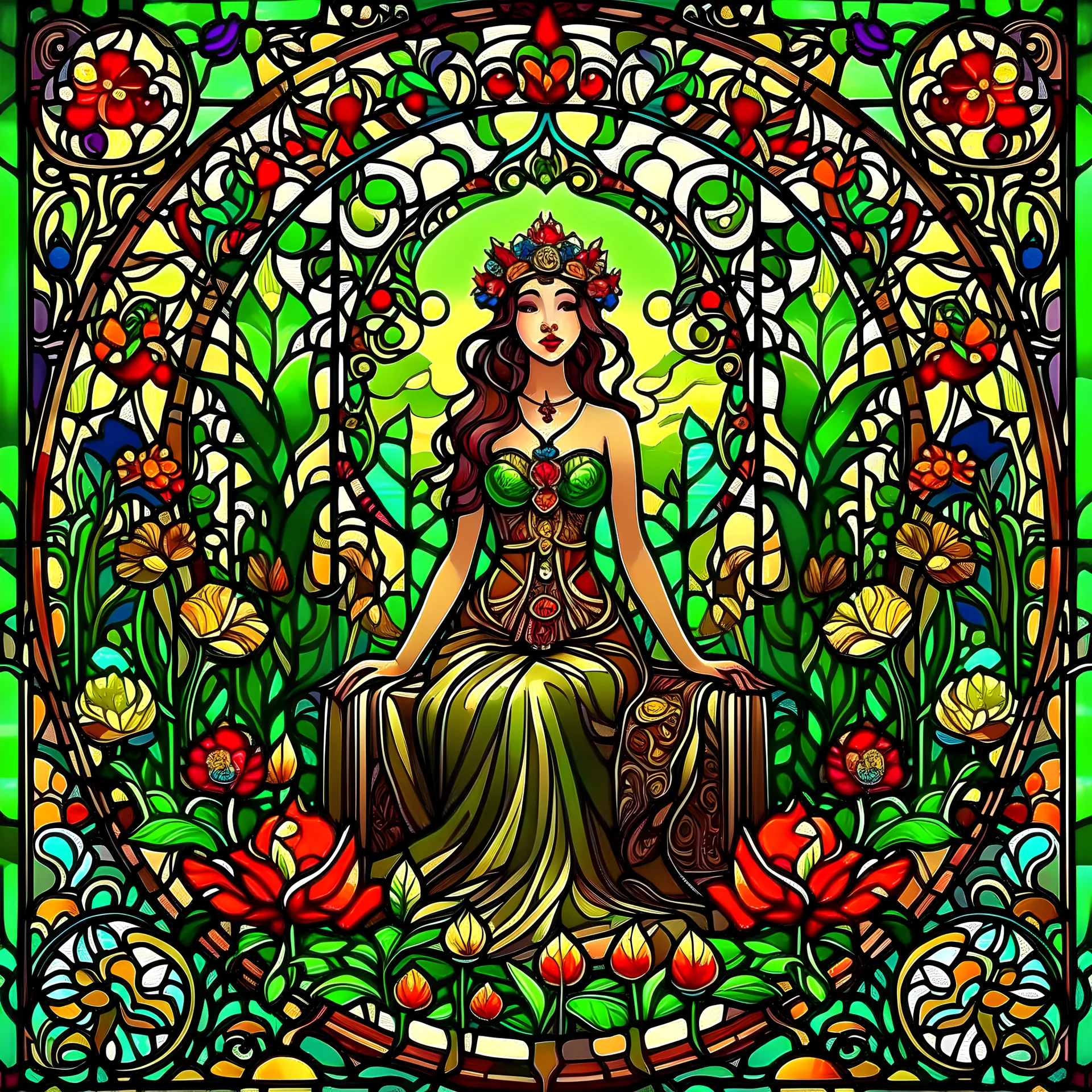 Stained Glass Art Nouveau art style A beautiful as a model asian woodland elf princess who looks like a young Lucy Liu seated on a throne surrounded by poppies and marijuana leaves in a mystical forest, photo-realistic