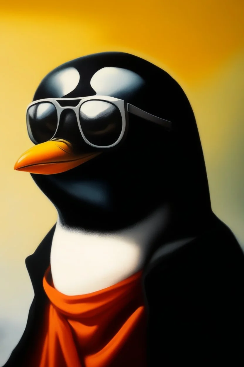 Pengu, oil painting. pengu cover 1970, closeup dnd style. sunglasses, cape.