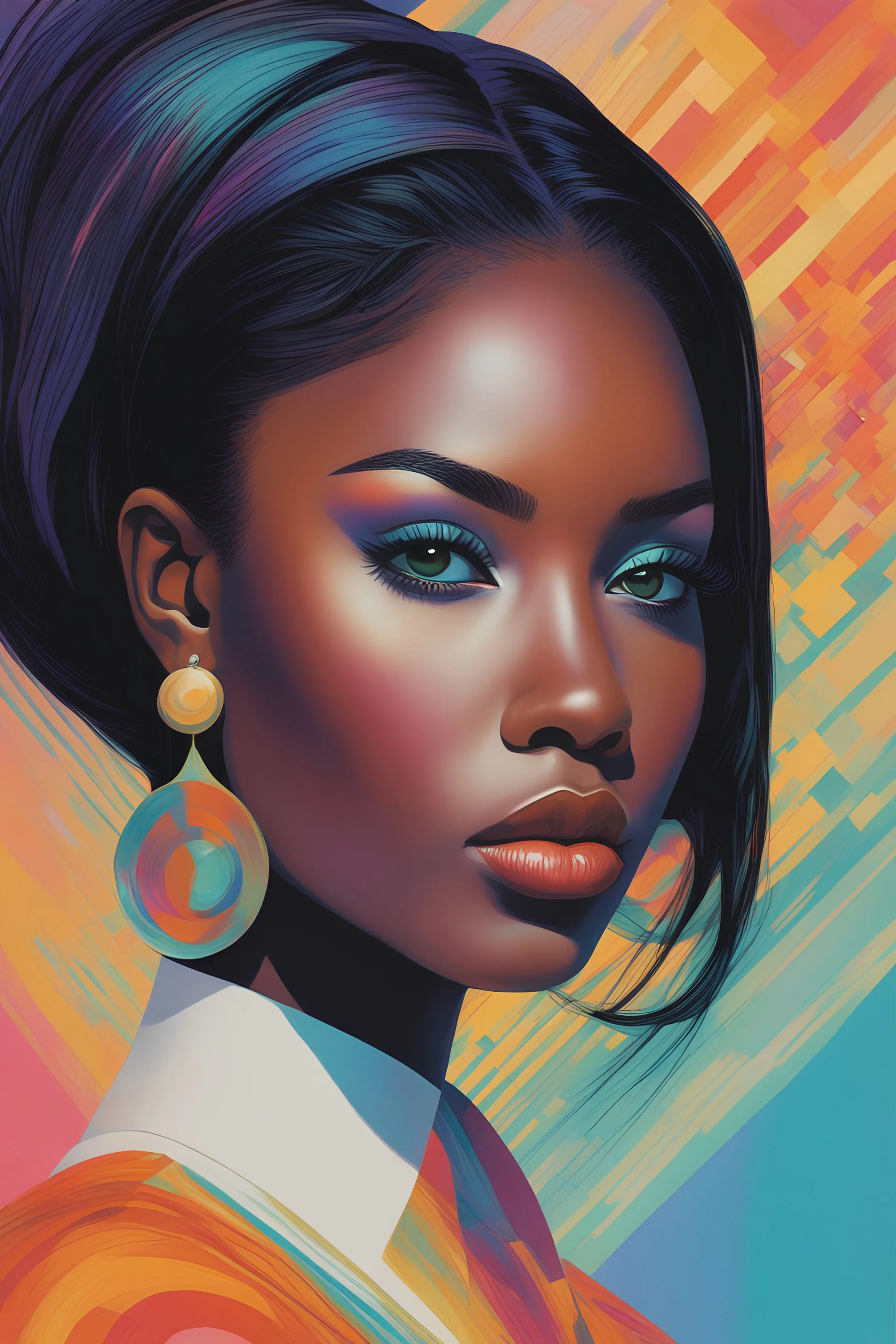 portrait of justine skye, environment map, abstract 1998 air hostess poster, profile portrait, long straight black hair, no makeup, intricate stunning highly detailed, op art, pastel colors, hypnotic, art by Victor Moscoso and Bridget Riley by sachin teng x supreme, dark skin, full lips