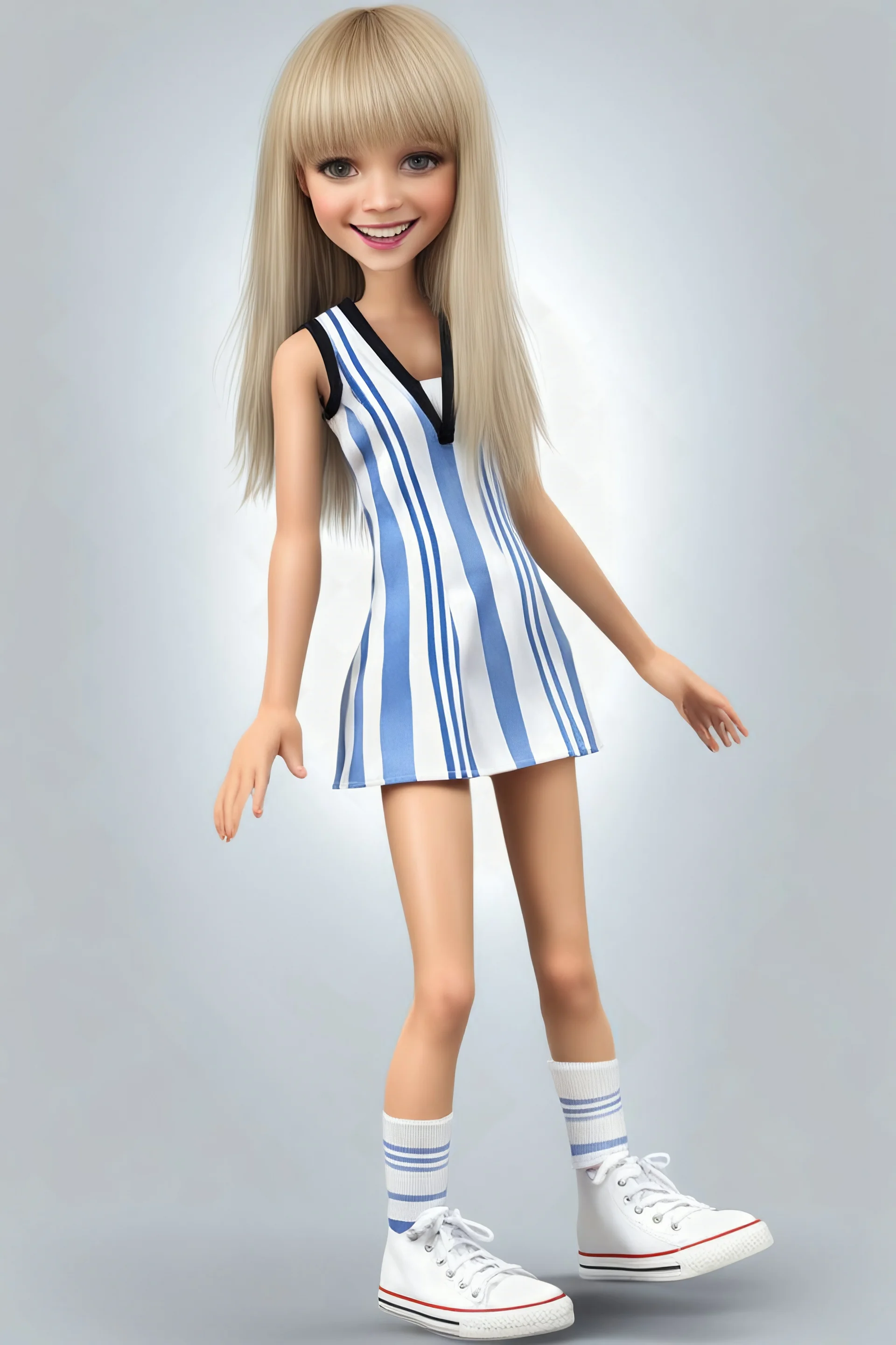 realistic stock photo, Realism engine, General Fast V2 (Flux), Create a realistic image of a female with long, straight blonde hair, the bangs cut straight across the forehead, hazel eyes, wearing a sleeveless, strapless, blue and white-striped nylon extremely short mini dress with a plunging neckline, knee high white socks and black converse tennis shoes, happy facial expression