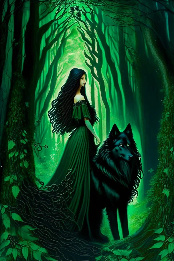 In the heart of a dense and enigmatic forest with towering ancient trees cloaked in emerald foliage stood a bewitching sorceress possessing an ethereal allure her lustrous hair cascading in ebony waves down to her slender waist that turns into roots In the background a faithful companion a majestic canine of Belgian shepherd lineage roamed at her side its eyes illuminated by an otherworldly crimson glow exuding an aura both mysterious and demonic