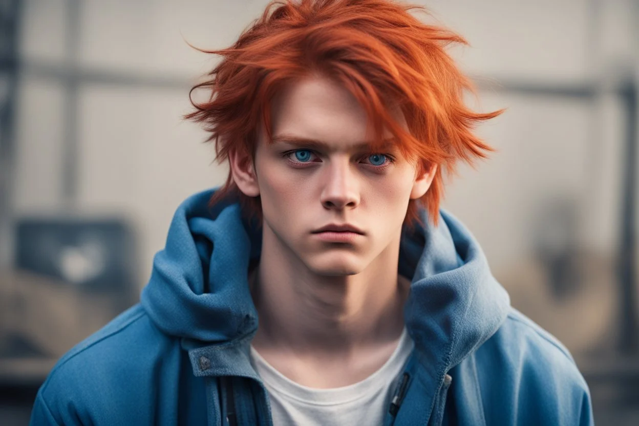 Подросток. Рыжие волосы. Голубые глаза, но с холодным блеском, когда он злится. Носит мешковатые куртки и рваные джинсы.