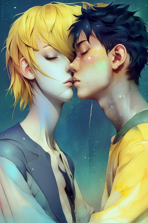 portrait anime man kissing man, ,yellow, stars hearts water, blue, watercolor, Yoshikata Amano, Edwin Landseer, Ismail Inceoglu, Russ Mills, Victo Ngai, Bella Kotak, hyperdetailed 8K resolution HDR DSLR, ultra detailed, ultra quality, CGSociety, intricately detailed, color depth, gliter, kiss