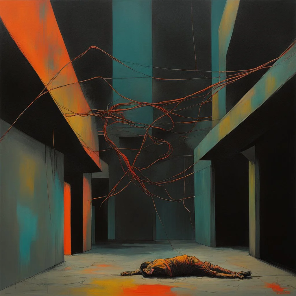 Minimal abstract oil painting of a falling person limbs sinew twisted .triadic colour. Random words. Amongst concrete fragments brutalist architecture and hanging wires illuminated at night. In the style of Justin Mortimer and Phil Hale and Ashley Wood