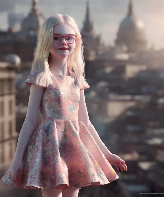 Elle fanning toddler, full body, city background, floral dress, dramatic lighting, hyper realistic