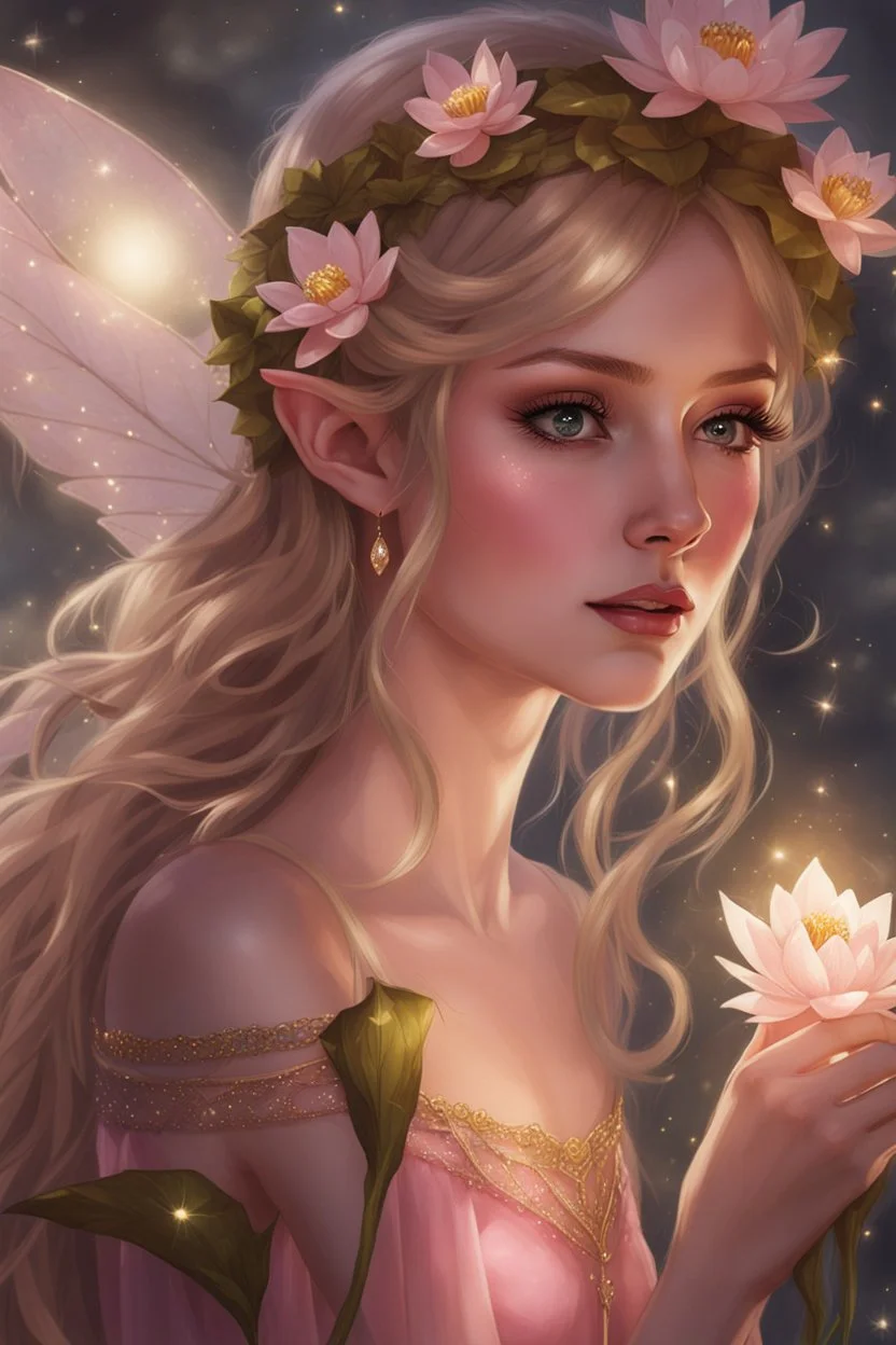 Pointed elven ears,Blonde hair ,Pink dress,Sparkling fairy wings,Very long golden hair,Fairy crown,pointed ears,elven ears,fairy wings,water lilies,sparkling,glittering,flowers,blossoms,golden crown,light pink dress