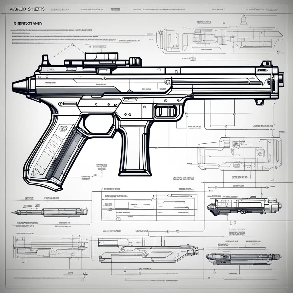 Android Spec Sheets Diagrammatic Illustrations for androids, Futuristic Biometric Assault Rifle Blueprint