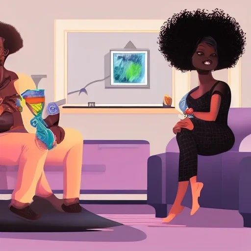 30 years old slim handsome black man and 28 years old curvy lady with afro hairstyle eating and watching television in a beautiful sitting room, digital painting, digital illustration, extreme detail, digital art, 4k, ultra hd