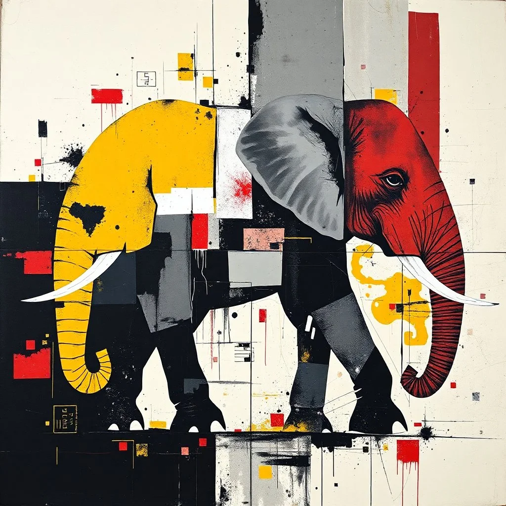 Deconstructed elephant contrivance, by Colin McCahon and VS Gaitonde, mind-bending abstract image, fragmented, subconscious deconstructivism, yellow and black and gray and red color scheme, abstract art