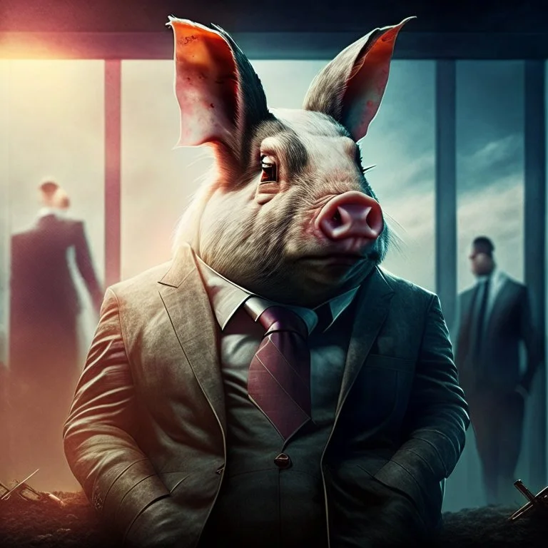 album cover realistic gamer pig watching movie huge rabbit in a suit in background