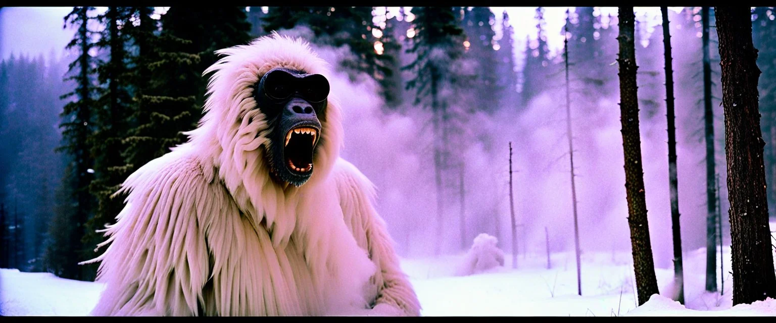 close up of a Yeti in documentary photography, Wildfire, Smoke, burning, forest fire August 1995, Yeti, Dystopian, Japanese, Extreme depth of field, bokeh blur, winter, blizzard, Alberta, all-natural, in the style of candid, imperfection, natural lighting, Professional shot, shot on Agfa, Fuji Film, Anamorphic lens --ar 4:5 --w 150 --style raw