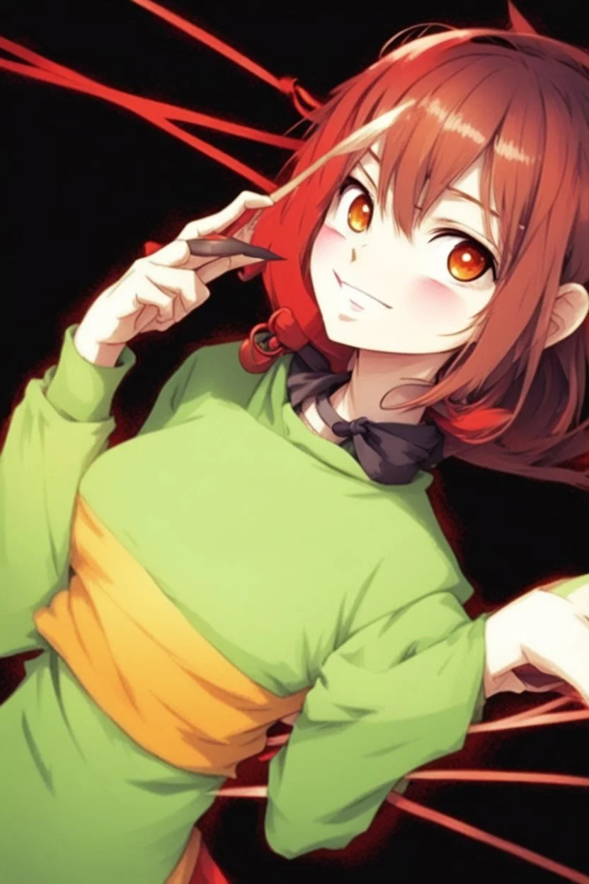 Manga style, Give the character a mischievous smile, put a green hood on her, a green blouse on top too, and a red scarf with several other colors