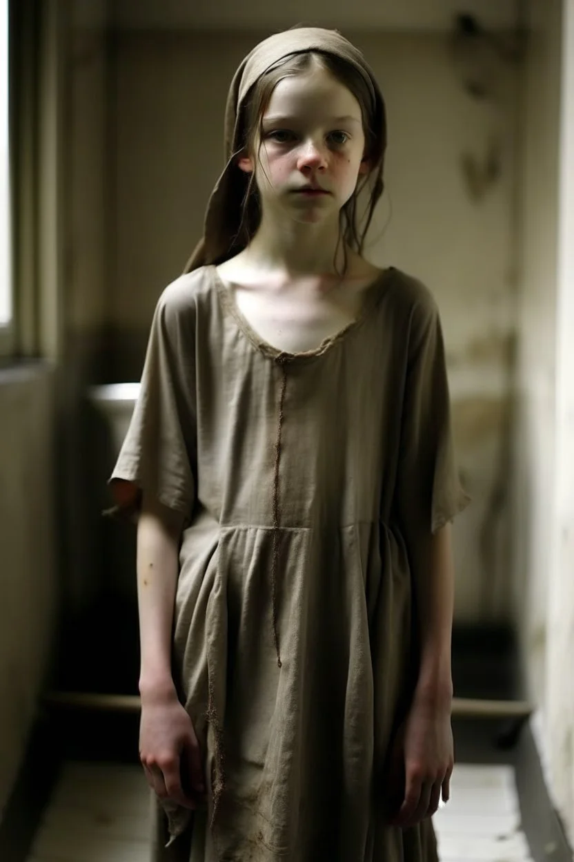 very thin 12 year old girl, dressed in rags, (A Cure for Wellness style, full figure
