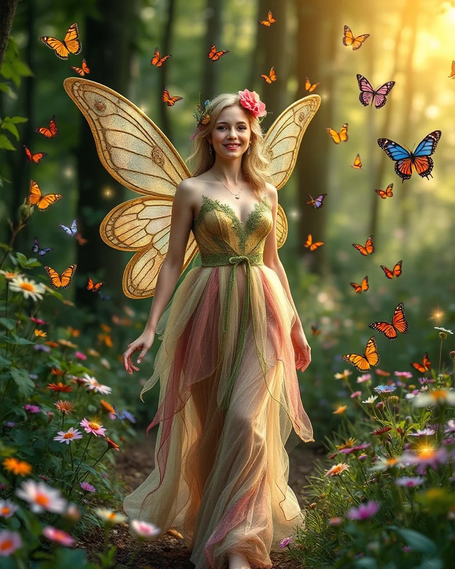 Beautiful Lady Fairy smiling walk in forest with flowers and many colourful butterflies and fireflys, photography art