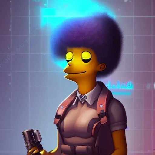 Lisa Simpson cyberpunk unreal engine character very detailed cinematic view,8k, glowing, sexy, beautiful, gasmask, gun's