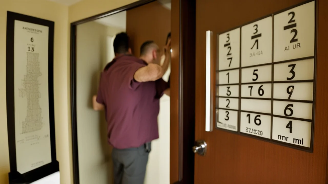 guy smells numbers on his hotel room door